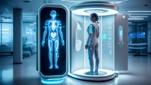 A full body health scanner in a futuristic hospital setting, showing various metrics and data points related to a person's health, such as body composition