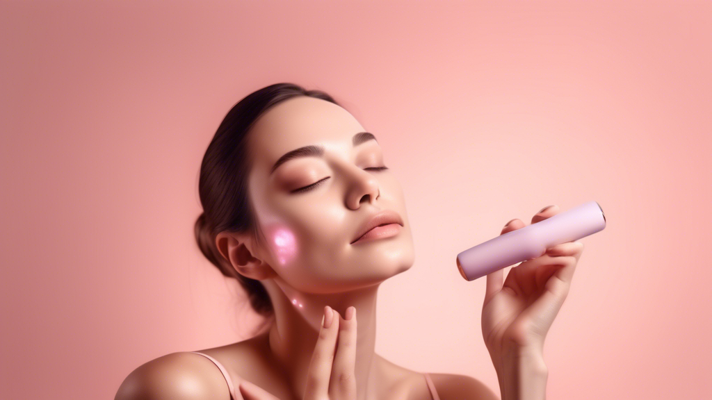 An aesthetic and calming image of a woman using a facial massage roller on her face. The roller is made of a natural stone and the woman's skin is glowing