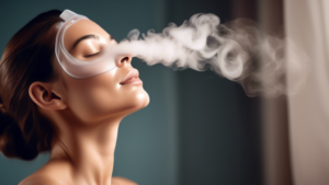 A close-up image of a woman using a facial steamer with steam rising all around her face and shoulders, creating a serene and spa-like atmosphere, highligh