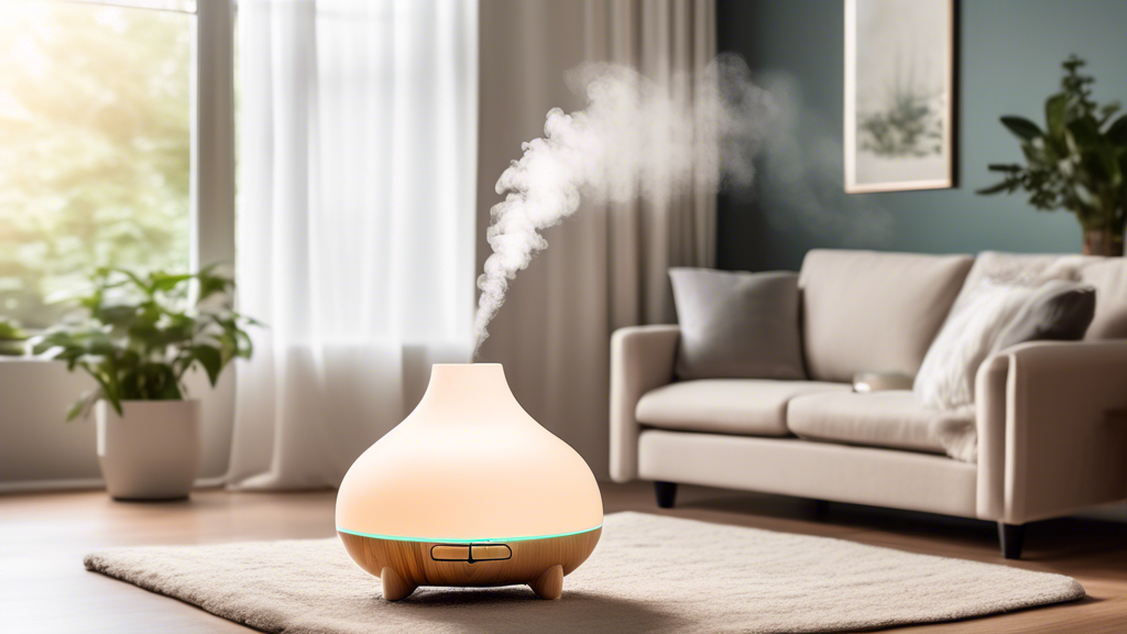 A serene living room with a diffuser emitting essential oils into the air, creating a relaxing and cozy atmosphere.